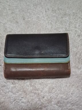Tri-Tone Leather Wallet in Black, Brown and Light Blue